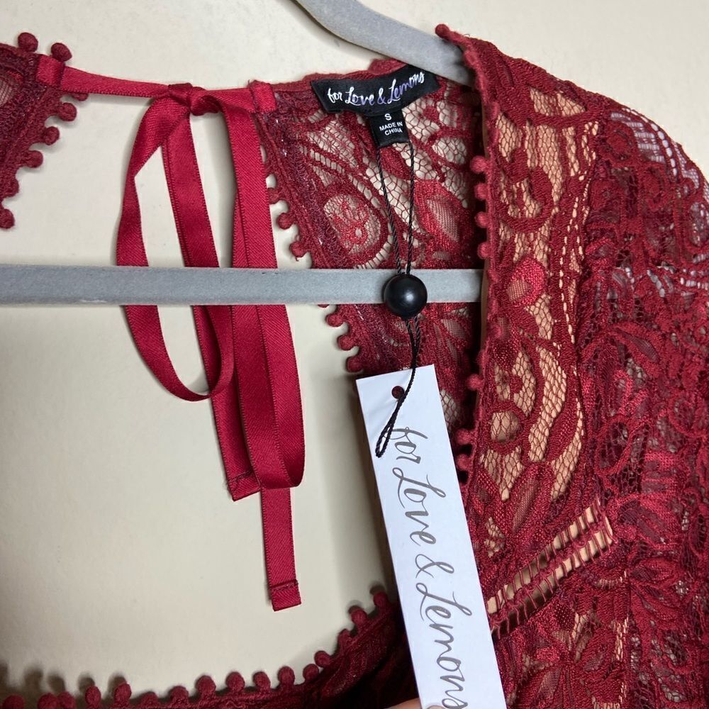 NWT For Love and Lemons Emerie Mini Burgundy Red Dress Lace Long Sleeves Size S - Picture 10 of 10